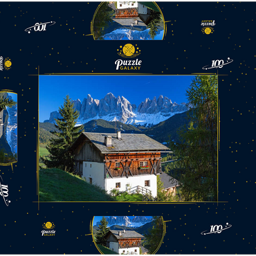 Bauernhaus mit Blick zur Geislergruppe (3025m), Naturpark Puez-Geisler, Villnösstal, Italien 100 Puzzle Schachtel 3D Modell