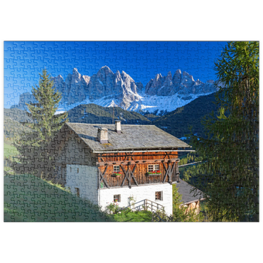 puzzleplate Bauernhaus mit Blick zur Geislergruppe (3025m), Naturpark Puez-Geisler, Villnösstal, Italien 500 Puzzle