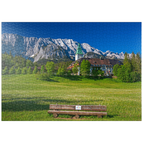 Darstellung des Puzzle Motivs Hotel Schloss Elmau mit der G7-Gipfel Bank gegen Wettersteinwand bei Klais - Puzzleteile: 1000