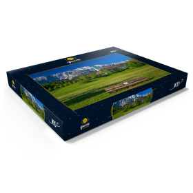 Darstellung des Puzzle Motivs Hotel Schloss Elmau mit der G7-Gipfel Bank gegen Wettersteinwand bei Klais - Puzzleteile: 100