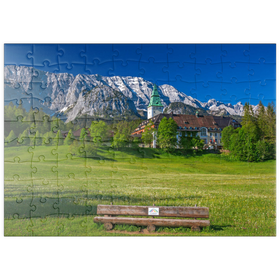 Darstellung des Puzzle Motivs Hotel Schloss Elmau mit der G7-Gipfel Bank gegen Wettersteinwand bei Klais - Puzzleteile: 100