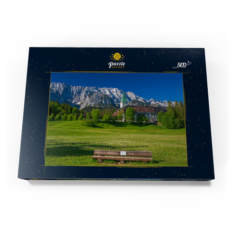 Hotel Schloss Elmau mit der G7-Gipfel Bank gegen Wettersteinwand bei Klais 500 Puzzle Schachtel Ansicht3
