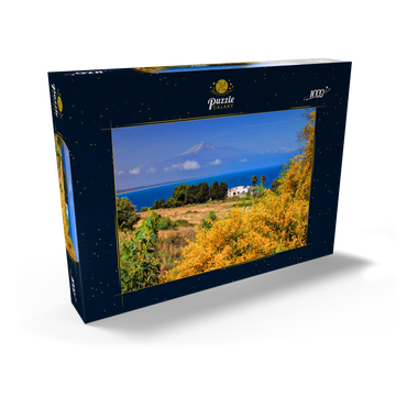 Blühende Mimosen und Ferienhaus mit Blick zum Ätna (3323m) 1000 Puzzle Schachtel Ansicht2
