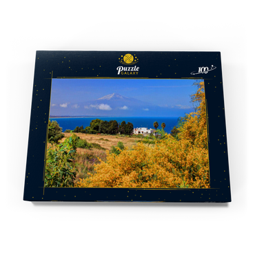 Blühende Mimosen und Ferienhaus mit Blick zum Ätna (3323m) 100 Puzzle Schachtel Ansicht3