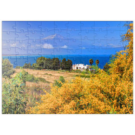 Darstellung des Puzzle Motivs Blühende Mimosen und Ferienhaus mit Blick zum Ätna (3323m) - Puzzleteile: 100
