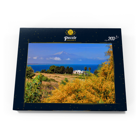 Blühende Mimosen und Ferienhaus mit Blick zum Ätna (3323m) 200 Puzzle Schachtel Ansicht3
