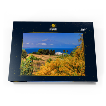Blühende Mimosen und Ferienhaus mit Blick zum Ätna (3323m) 500 Puzzle Schachtel Ansicht3