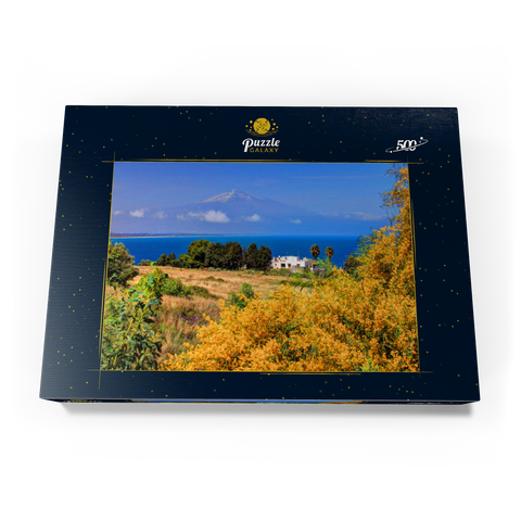 Blühende Mimosen und Ferienhaus mit Blick zum Ätna (3323m) 500 Puzzle Schachtel Ansicht3