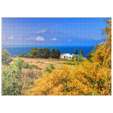 puzzleplate Blühende Mimosen und Ferienhaus mit Blick zum Ätna (3323m) 500 Puzzle