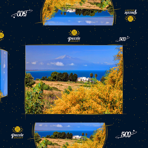 Blühende Mimosen und Ferienhaus mit Blick zum Ätna (3323m) 500 Puzzle Schachtel 3D Modell