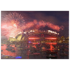 Darstellung des Puzzle Motivs Neujahrs-Feuerwerk mit Opera House und Harbour Bridge, Sydney, Australien - Puzzleteile: 100