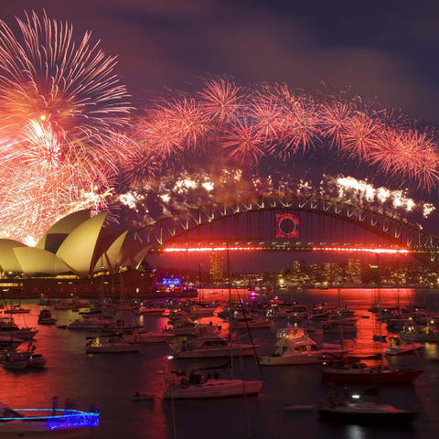 Neujahrs-Feuerwerk mit Opera House und Harbour Bridge, Sydney, New South Wales, Australien 100 Puzzle 3D Modell