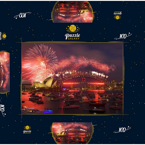 Neujahrs-Feuerwerk mit Opera House und Harbour Bridge, Sydney, New South Wales, Australien 100 Puzzle Schachtel 3D Modell