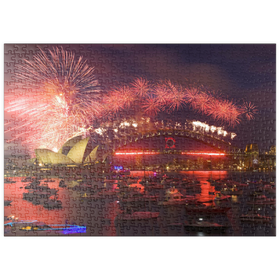 Darstellung des Puzzle Motivs Neujahrs-Feuerwerk mit Opera House und Harbour Bridge, Sydney, Australien - Puzzleteile: 500