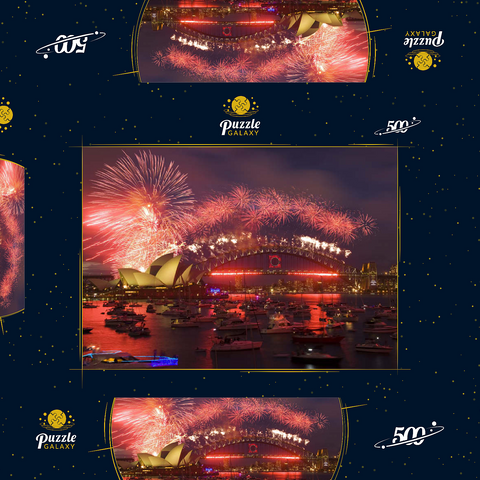 Neujahrs-Feuerwerk mit Opera House und Harbour Bridge, Sydney, New South Wales, Australien 500 Puzzle Schachtel 3D Modell