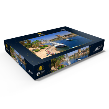 Feluken am Ufer der Kitchener Insel mit Blick über den Nil, Assuan, Ägypten 1000 Puzzle Schachtel Ansicht1