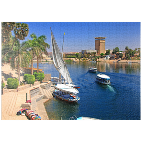 Darstellung des Puzzle-Motivs Feluken am Ufer der Kitchener Insel mit Blick über den Nil, Assuan, Ägypten – Puzzleteile: 1000