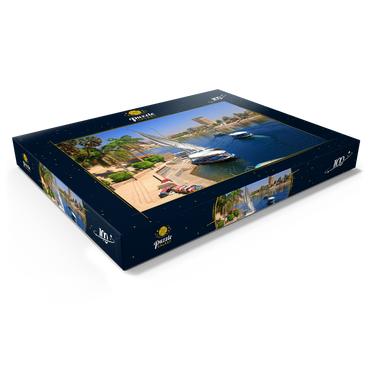 Feluken am Ufer der Kitchener Insel mit Blick über den Nil, Assuan, Ägypten 100 Puzzle Schachtel Ansicht1
