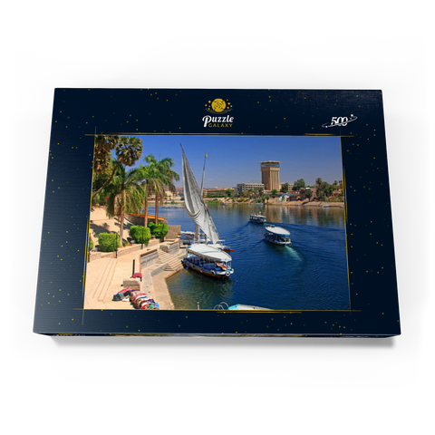 Feluken am Ufer der Kitchener Insel mit Blick über den Nil, Assuan, Ägypten 500 Puzzle Schachtel Ansicht3