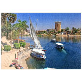 Darstellung des Puzzle-Motivs Feluken am Ufer der Kitchener Insel mit Blick über den Nil, Assuan, Ägypten – Puzzleteile: 500