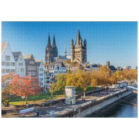 Darstellung des Puzzle-Motivs Rheinuferpromenade mit den Türmen der Kirche Groß St. Martin und dem Dom – Puzzleteile: 1000