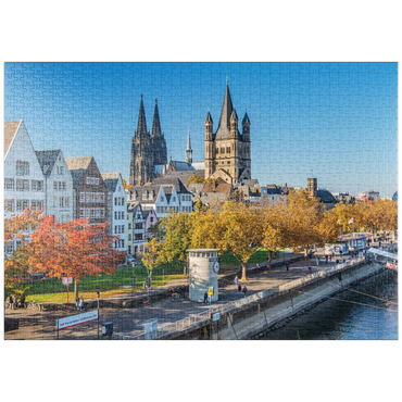puzzleplate Rheinuferpromenade mit den Türmen der Kirche Groß St. Martin und dem Dom 1000 Puzzle