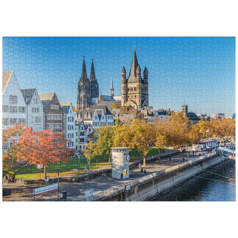 puzzleplate Rheinuferpromenade mit den Türmen der Kirche Groß St. Martin und dem Dom 1000 Puzzle