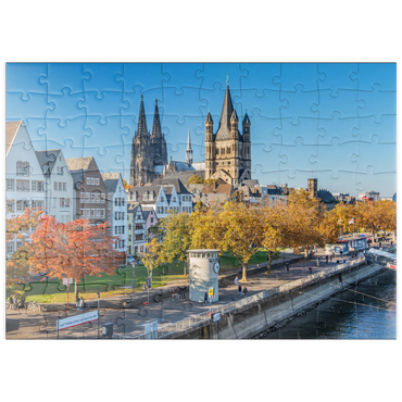 puzzleplate Rheinuferpromenade mit den Türmen der Kirche Groß St. Martin und dem Dom 100 Puzzle