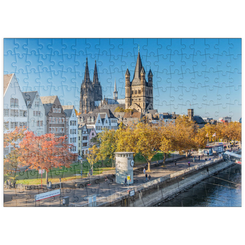 puzzleplate Rheinuferpromenade mit den Türmen der Kirche Groß St. Martin und dem Dom 200 Puzzle
