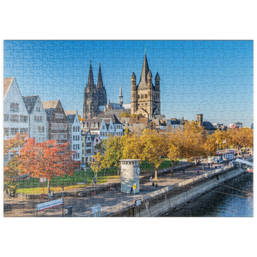 puzzleplate Rheinuferpromenade mit den Türmen der Kirche Groß St. Martin und dem Dom 500 Puzzle
