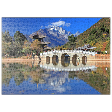 puzzleplate Jadebrunnensee mit Deyue Pavillon gegen den Jadedrachen Schneeberg (5596m), China 500 Puzzle
