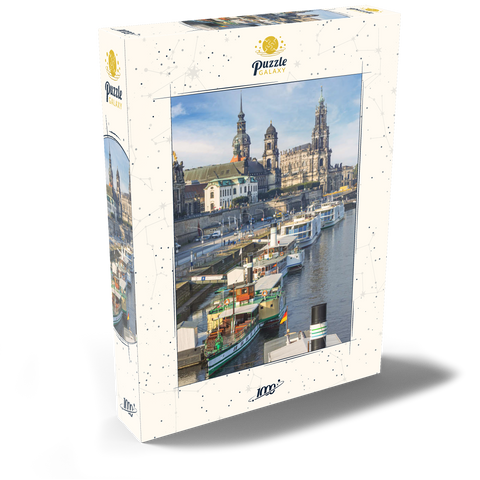 Terrassenufer mit den Schiffen der weißen Flotte, Brühlsche Terrasse an der Elbe mit dem Schloss und der Hofkirche 1000 Puzzle Schachtel Ansicht2