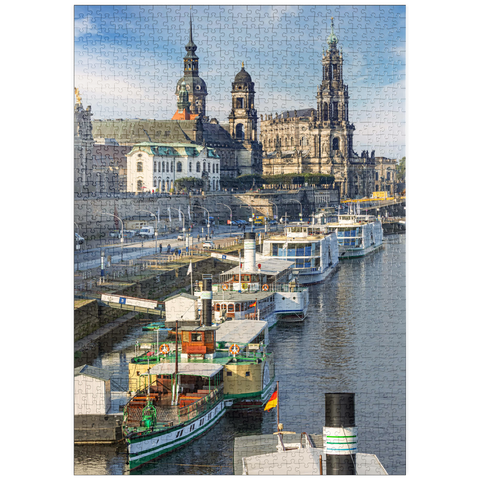 puzzleplate Terrassenufer mit den Schiffen der weißen Flotte, Brühlsche Terrasse an der Elbe mit dem Schloss und der Hofkirche 1000 Puzzle