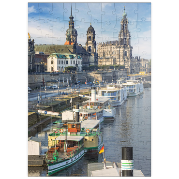 puzzleplate Terrassenufer mit den Schiffen der weißen Flotte, Brühlsche Terrasse an der Elbe mit dem Schloss und der Hofkirche 100 Puzzle
