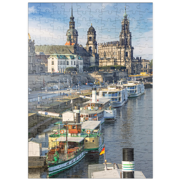 puzzleplate Terrassenufer mit den Schiffen der weißen Flotte, Brühlsche Terrasse an der Elbe mit dem Schloss und der Hofkirche 200 Puzzle
