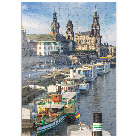 puzzleplate Terrassenufer mit den Schiffen der weißen Flotte, Brühlsche Terrasse an der Elbe mit dem Schloss und der Hofkirche 200 Puzzle