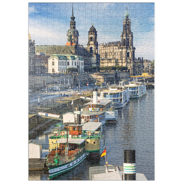 puzzleplate Terrassenufer mit den Schiffen der weißen Flotte, Brühlsche Terrasse an der Elbe mit dem Schloss und der Hofkirche 500 Puzzle