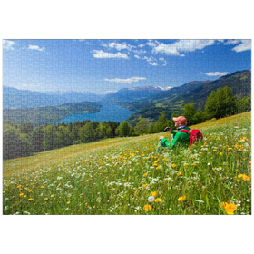 Darstellung des Puzzle Motivs Blick auf den Millstätter See und Hohe Tauern, Kärnten, Österreich - Puzzleteile: 1000