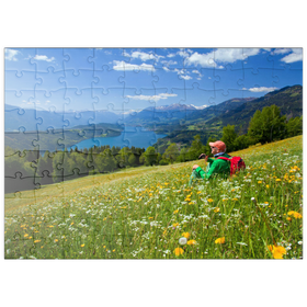 Darstellung des Puzzle Motivs Blick auf den Millstätter See und Hohe Tauern, Kärnten, Österreich - Puzzleteile: 100