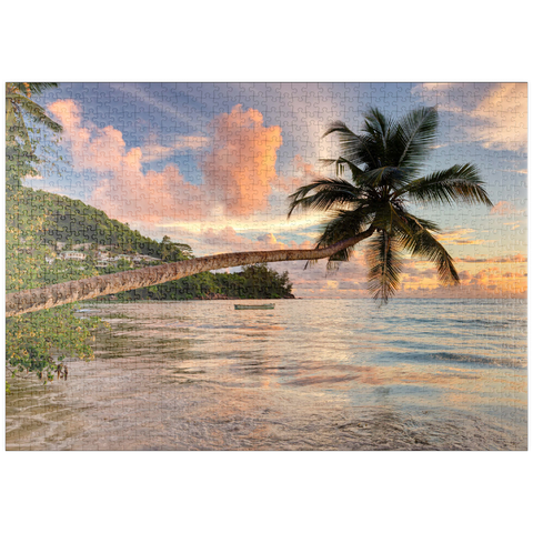 puzzleplate Palme am Strand von Baie Lazare, Westküste, Insel Mahe, Seychellen 1000 Puzzle