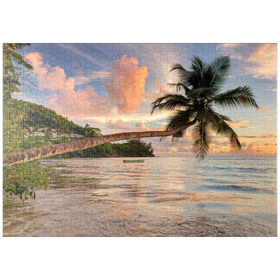 Darstellung des Puzzle Motivs Palme am Strand von Baie Lazare, Westküste, Insel Mahe, Seychellen - Puzzleteile: 1000