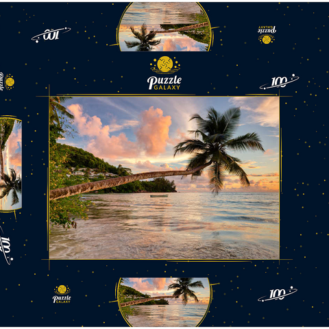 Palme am Strand von Baie Lazare, Westküste, Insel Mahe, Seychellen 100 Puzzle Schachtel 3D Modell
