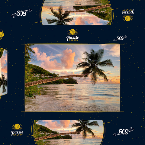 Palme am Strand von Baie Lazare, Westküste, Insel Mahe, Seychellen 500 Puzzle Schachtel 3D Modell