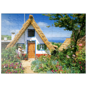 Darstellung des Puzzle Motivs Casas de Colmo, traditionelle Strohdachhäuschen, Madeira - Puzzleteile: 100