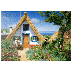 Darstellung des Puzzle-Motivs Casas de Colmo, traditionelle Strohdachhäuschen, Madeira – Puzzleteile: 500