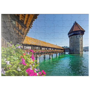 puzzleplate Kapellbrücke über die Reuss mit Wasserturm, Luzern, Schweiz 100 Puzzle