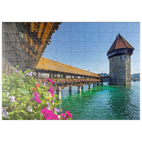 puzzleplate Kapellbrücke über die Reuss mit Wasserturm, Luzern, Schweiz 100 Puzzle