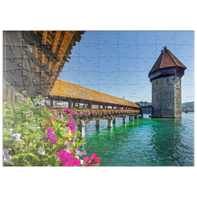 Darstellung des Puzzle Motivs Kapellbrücke über die Reuss mit Wasserturm, Luzern, Schweiz - Puzzleteile: 100