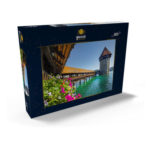Kapellbrücke über die Reuss mit Wasserturm, Luzern, Schweiz 500 Puzzle Schachtel Ansicht2