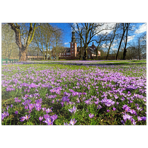 puzzleplate Krokusblüte im Schlosspark mit dem Schloss vor Husum 1000 Puzzle